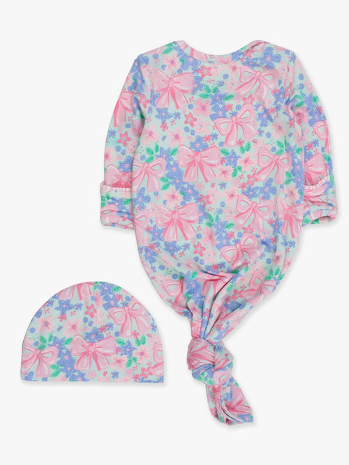 Bamboo-Spandex Bow Blooms Print Ruffle Knotted Sleep Gown & Bow Hat Set Baby Girls