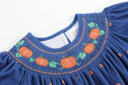 100% Cotton Blue Pumpkin Print Smocked Bishop Dress