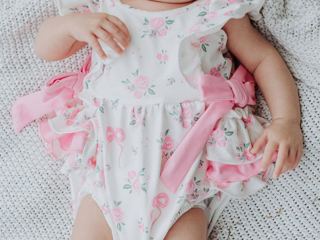 Cotton Blend Floral Bow Ruffle Baby Girl Romper