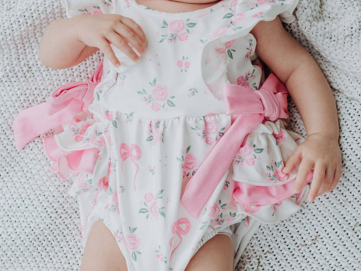 Cotton Blend Floral Bow Ruffle Baby Girl Romper