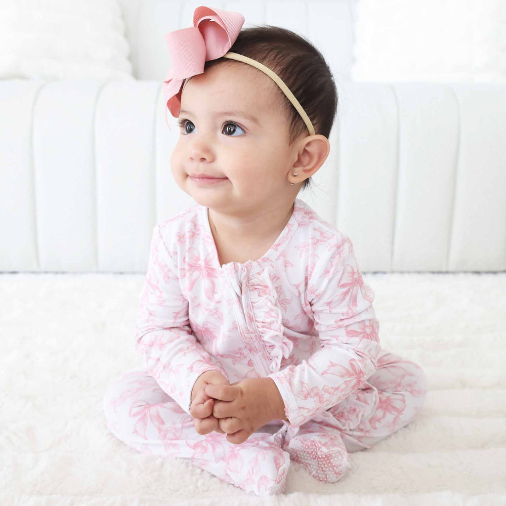 Bamboo-Spandex Pink Toile Ruffle Zipper Footie with Grips