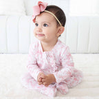 Bamboo-Spandex Pink Toile Ruffle Zipper Footie with Grips