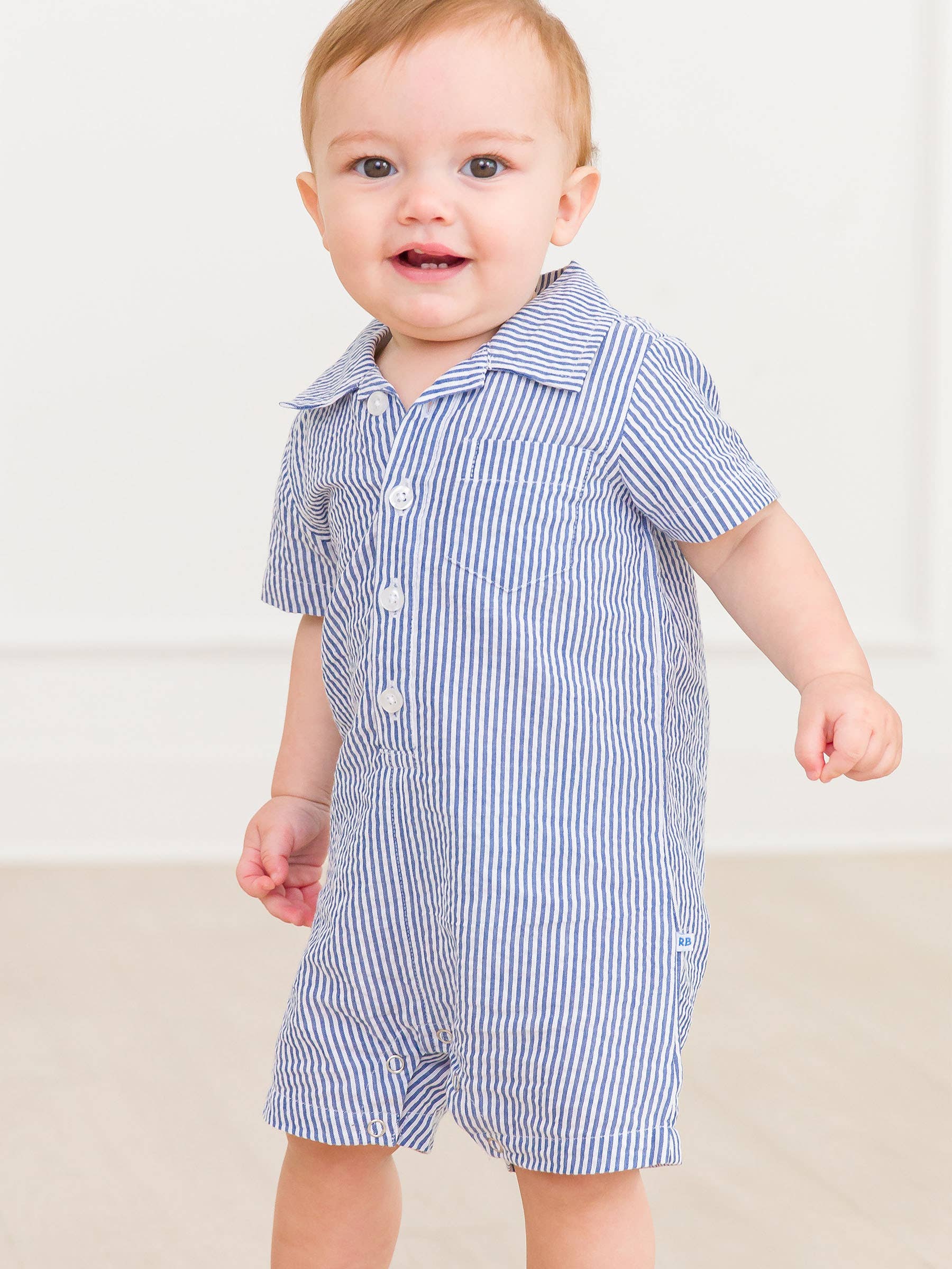 100% Cotton Blue Seersucker Button-Up Baby Romper
