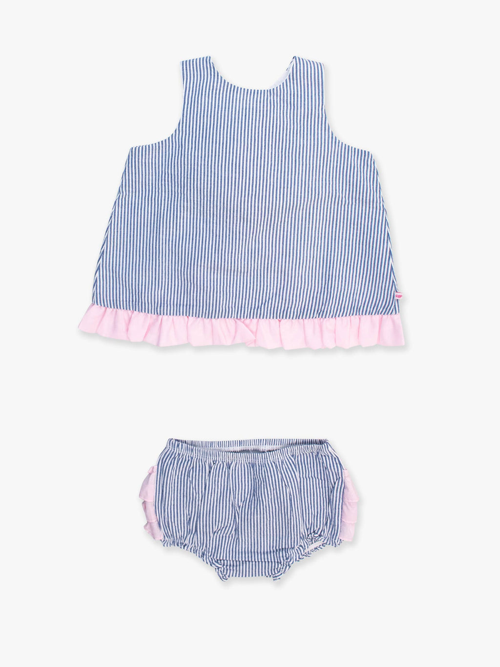 100% Cotton Blue Seersucker Ruffle Swing Top & Bloomer Set