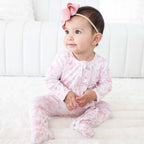 Bamboo-Spandex Pink Toile Ruffle Zipper Footie with Grips