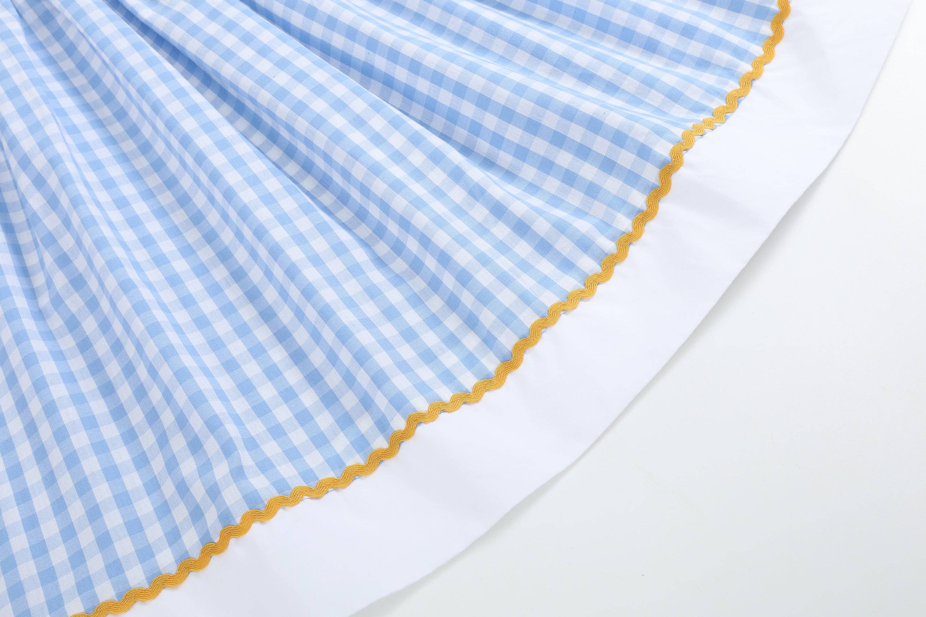 100% Cotton Blue Gingham Sunflower Smocked Bishop Dress