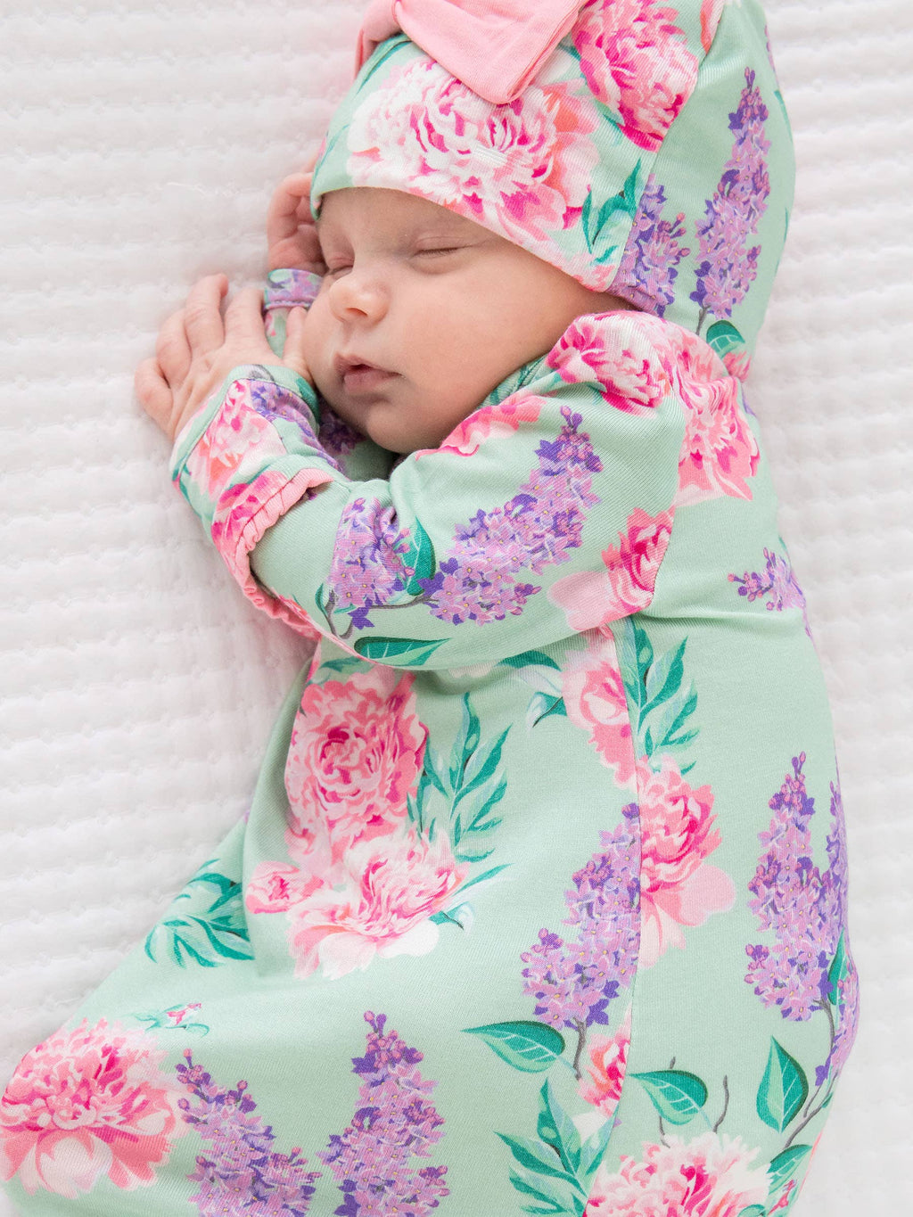 Bamboo-Spandex Sage Garden Floral Ruffle Knotted Sleep Gown & Bow Hat Set Baby Girls