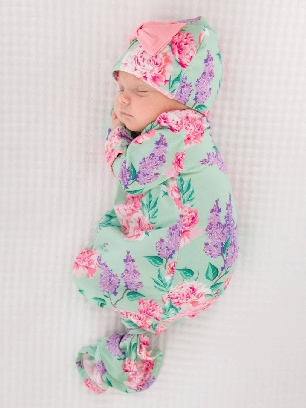 Bamboo-Spandex Sage Garden Floral Ruffle Knotted Sleep Gown & Bow Hat Set Baby Girls