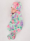Bamboo-Spandex Sage Garden Floral Ruffle Knotted Sleep Gown & Bow Hat Set Baby Girls